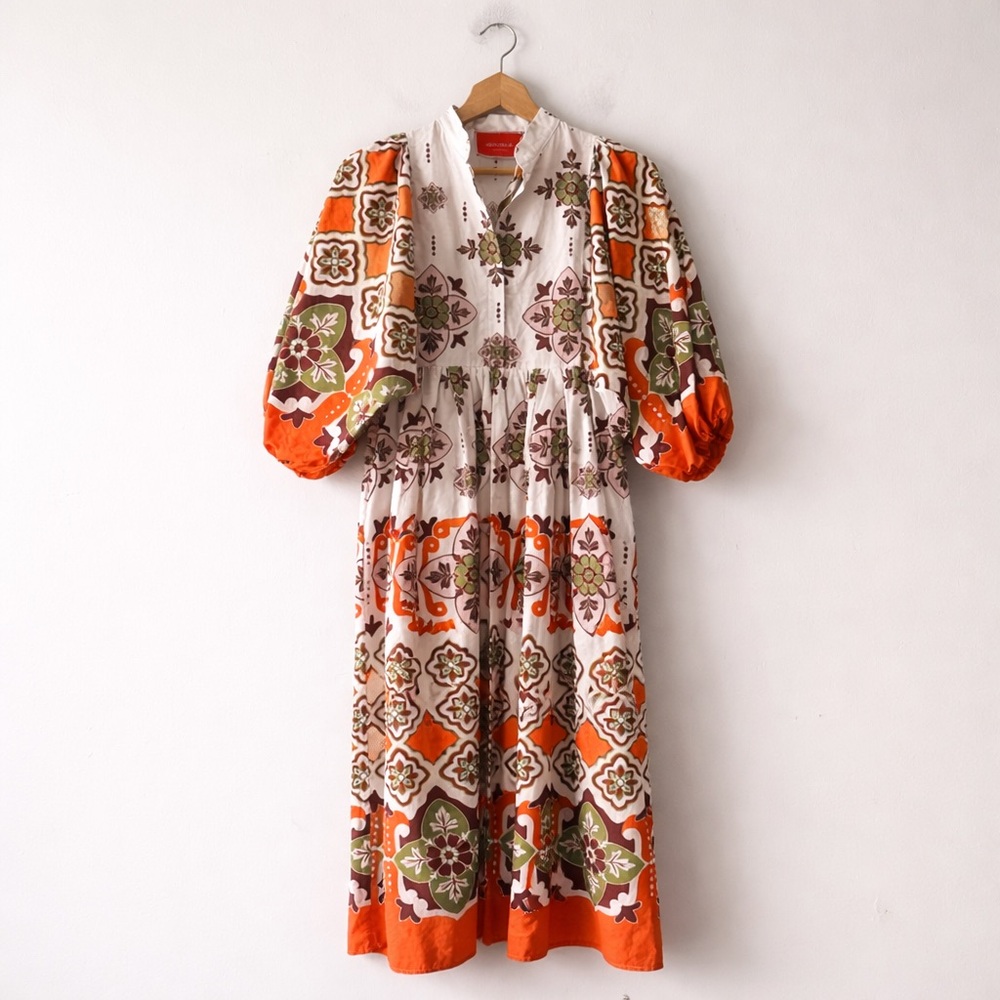 La DoubleJ Portofino Dress XS Partenope 1970s Tile Print Cotton Poplin Midi NWT - Picture 2 of 9